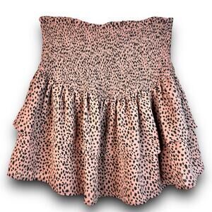 L Love High Waisted Ruffle Mini Skirt Smocked Waist Dusty Pink Black Spots Small